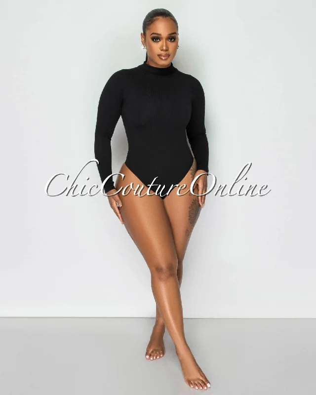 Banny Black Long Sleeves Ribbed Bodysuit Stylish Bodysuit with Pockets