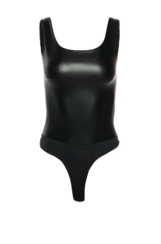 GLAM FAUX LEATHER BODYSUIT Stylish Plunging Neck Bodysuit