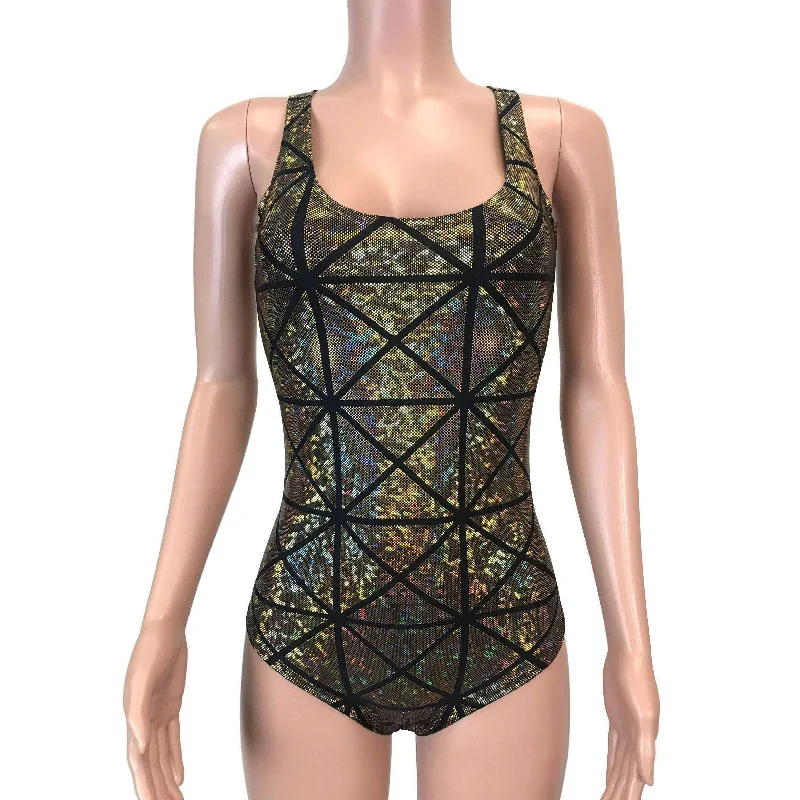 Bodysuit - Gold Glass Pane Holographic Stylish Mesh Bodysuit with Straps