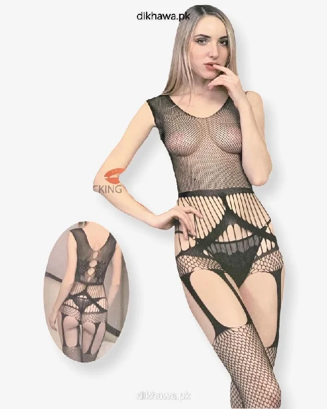 Hkmeair Khushi Print Sexy Net Bodystocking No H8209 Fashionable Bodysuit with Frill Detail