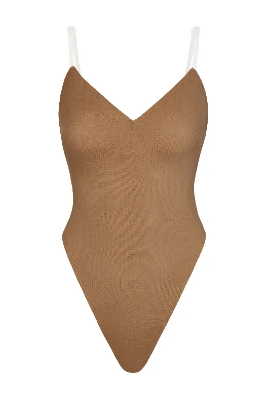 Soft Mesh V-Neck Bodysuit in Almond Stylish Bodysuit with Adjustable Straps