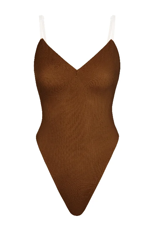 Soft Mesh V-Neck Bodysuit in Chestnut Trendy Bodysuit with Halter Neckline