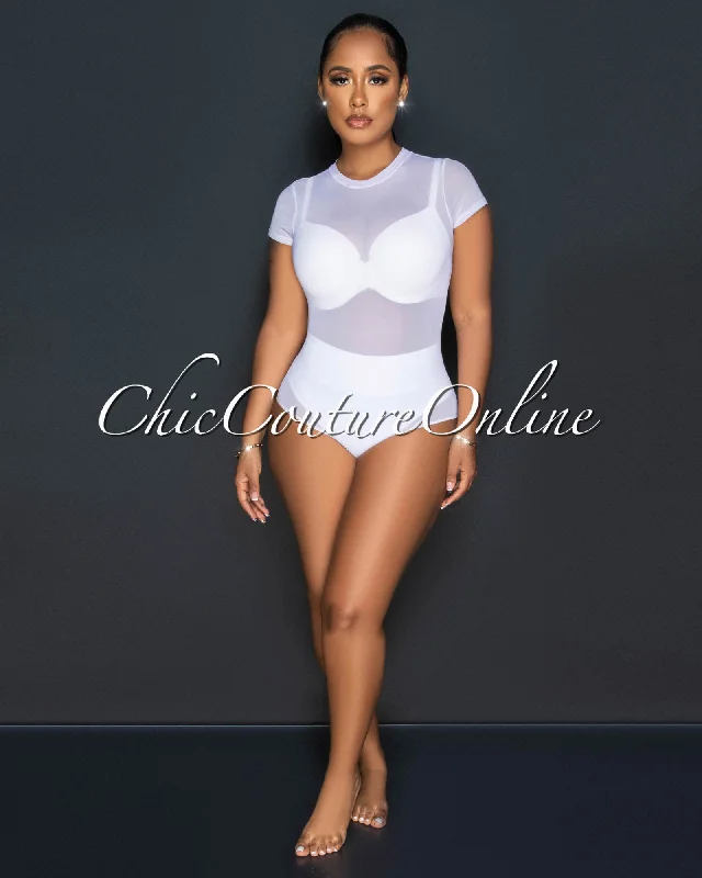 Kaylin White Sheer Mesh Bodysuit Fashionable Cross-Back Bodysuit