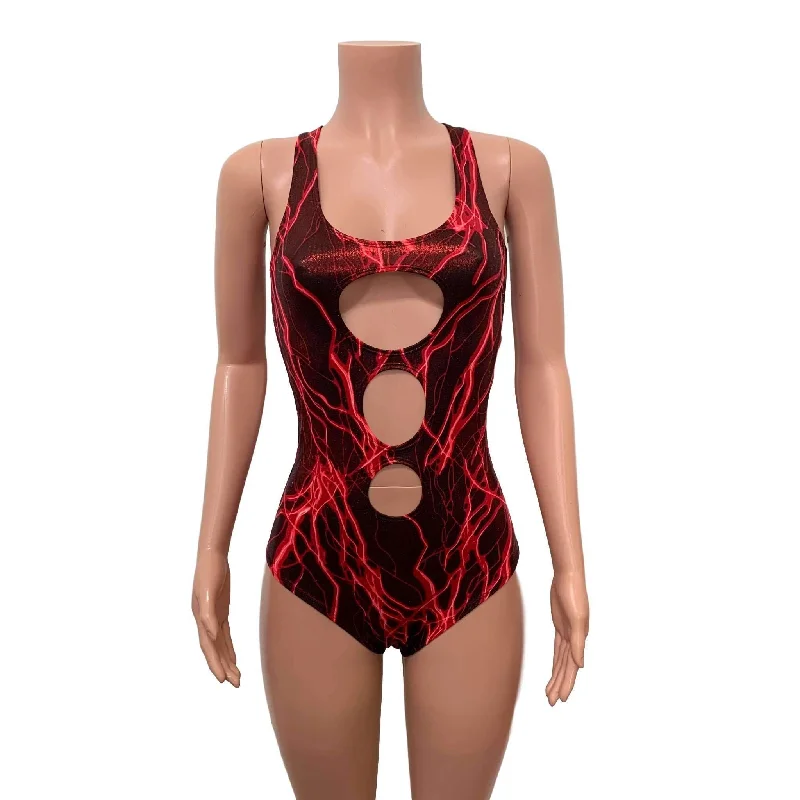 SALE - SMALL ONLY - Keyhole Bodysuit - Red Lightning Metallic Trendy Activewear Bodysuit