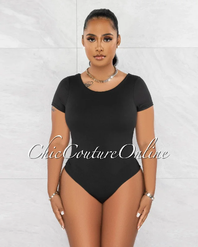 Merla Black Short Sleeves Double Lined Bodysuit Comfortable Sports Bodysuit