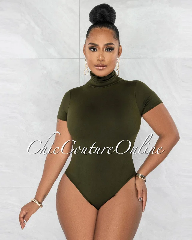 Merlyse Olive Green Mock Neckline Short Sleeves Bodysuit Cozy Cotton Bodysuit