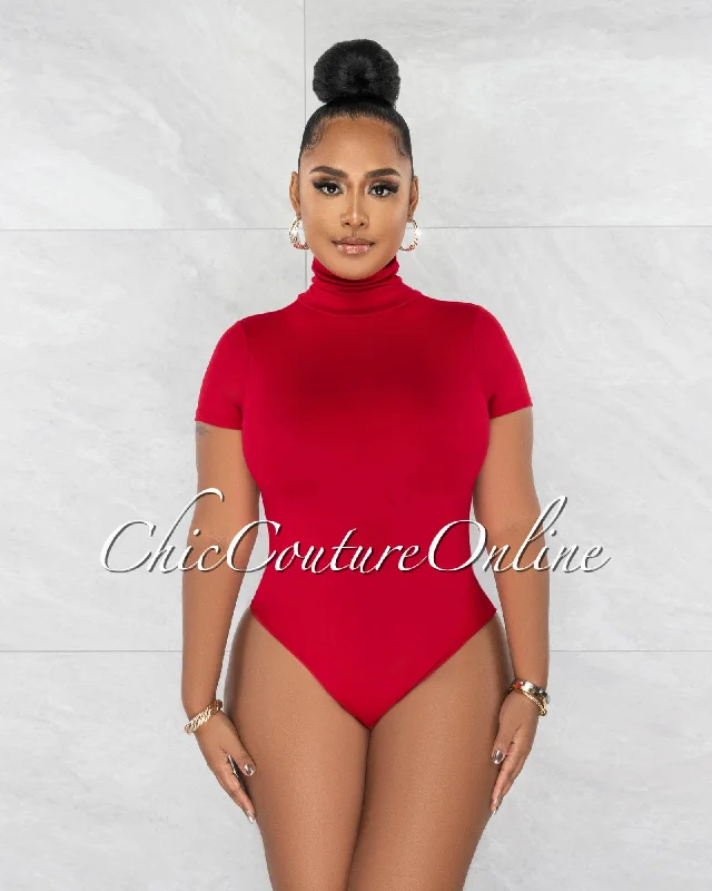 Merlyse Red Mock Neckline Short Sleeves Bodysuit Stylish Faux Leather Bodysuit