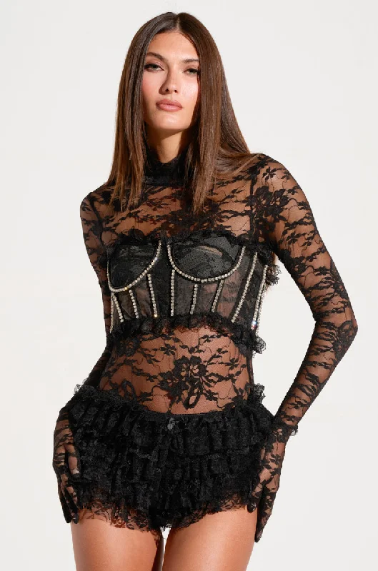 MOMENTS IN TIME GLOVED LACE BODYSUIT Elegant Satin Bodysuit