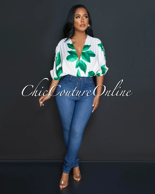 Naija White Green Leaf Print Draped Bodysuit Elegant Bodysuit with Chiffon