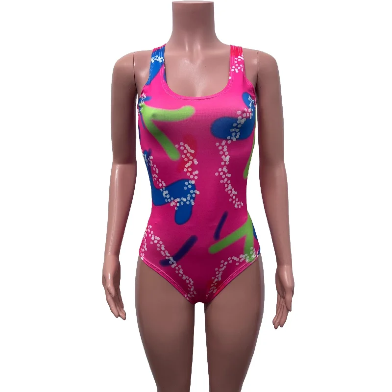 Neon Malibu Bodysuit | Barbie Costume Cosplay Inspiration | Pink Leotard Trendy Floral Print Bodysuit