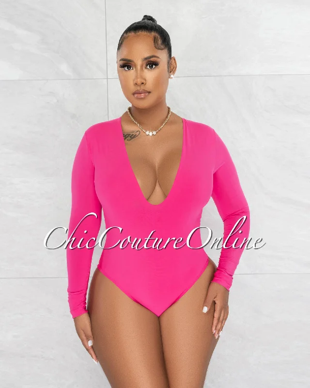 Nilam Fuchsia Deep V Neck Long Sleeves Bodysuit Elegant Back Zip Bodysuit