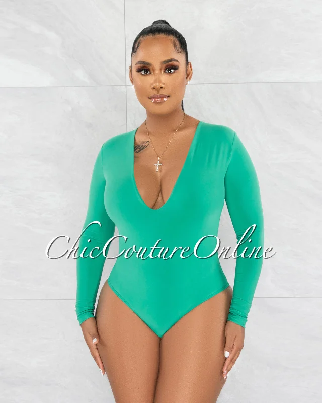 Nilam Green Deep V Neck Long Sleeves Bodysuit Stylish High-Waisted Bodysuit