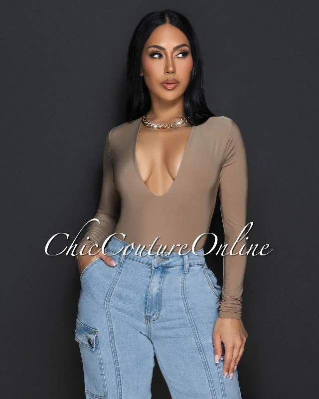 Nilam Mocha Deep V Neck Long Sleeves Bodysuit Comfortable Shaping Bodysuit