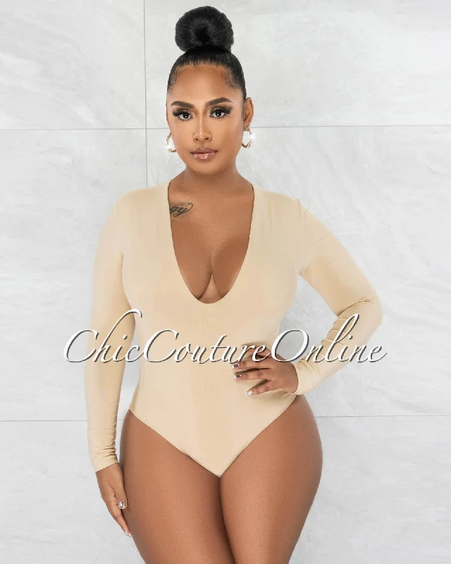 Nilam Nude Deep V Neck Long Sleeves Bodysuit Fashionable Bodysuit with Pleats