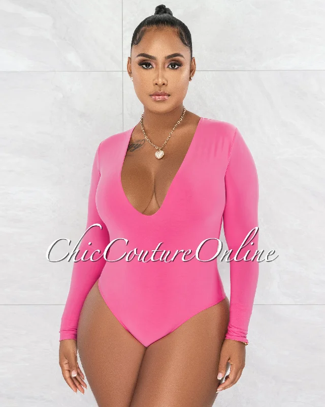 Nilam Bubblegum Pink Depp V Neck Long Sleeves Bodysuit Fashionable Slim Fit Bodysuit