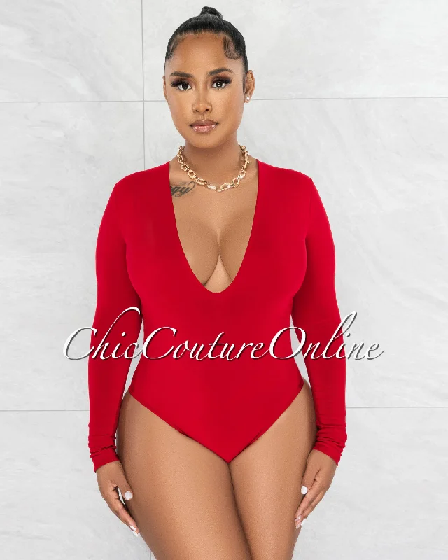 Nilam Red Deep V Neck Long Sleeves Bodysuit Elegant Sheer Bodysuit