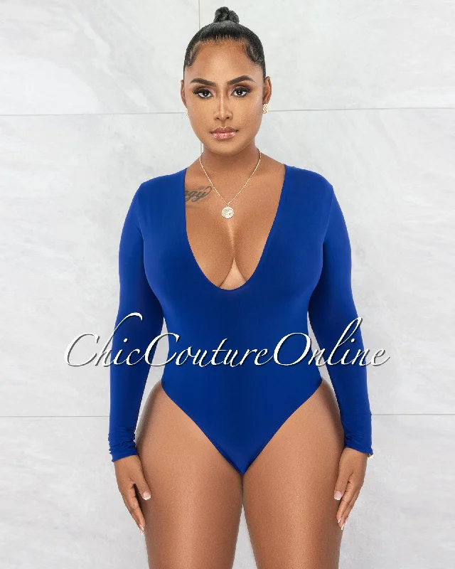 Nilam Royal Blue Depp V Neck Long Sleeves Bodysuit Elegant Bodysuit with Chiffon