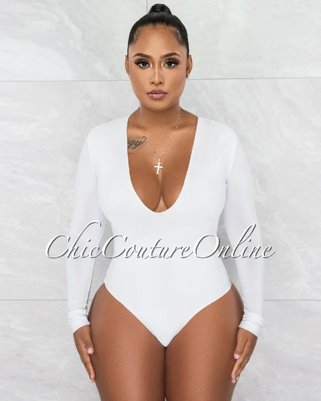 Nilam White Depp V Neck Long Sleeves Bodysuit Stylish Bodysuit with Faux Fur