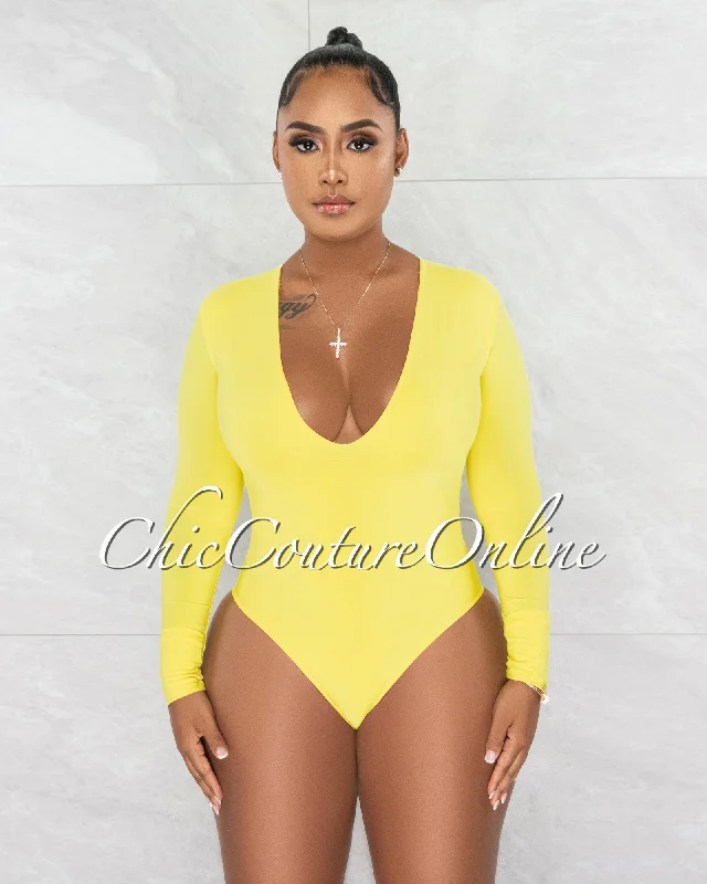 Nilam Yellow Depp V Neck Long Sleeves Bodysuit Stylish Draped Bodysuit