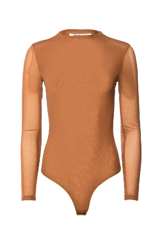 PAXTON SEXY MESH LONG SLEEVE FUNNEL NECK BODYSUIT Elegant Bodysuit with Lace Trim