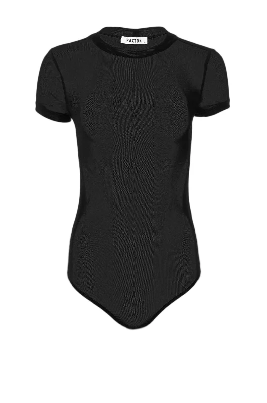 PAXTON SHORT SLEEVE MESH BODYSUIT IN BLACK Trendy Mesh Bodysuit