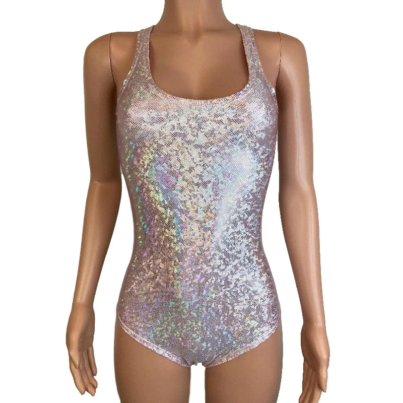 Blush Pink Shattered Glass Holographic Bodysuit Trendy Bodysuit with Sleeves