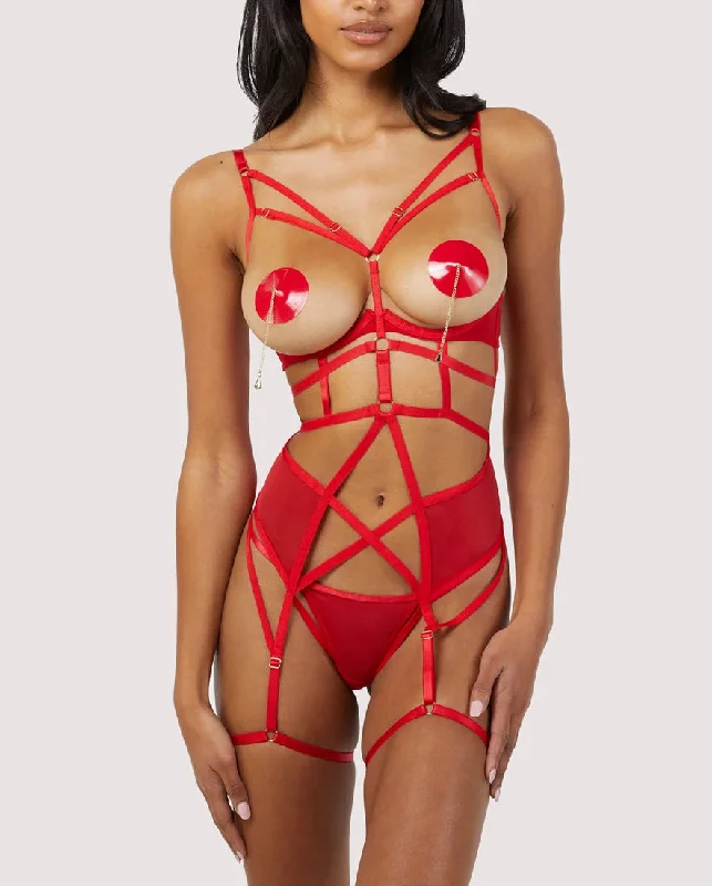 Playful Promises Wolf & Whistle Red Open Cup Strappy Bodysuit L991R Chic Bodysuit with Ruffles