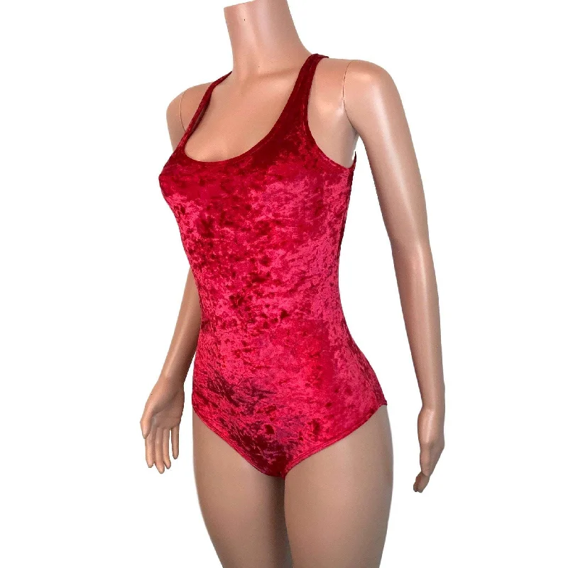 Bodysuit - Red Crushed Velvet Stylish Bodysuit with Cross Front