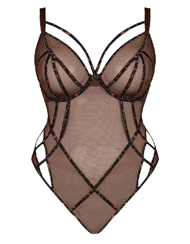 Scantilly Senses Plunge Bodysuit Leopard Brown Fashionable Bodysuit with Snaps