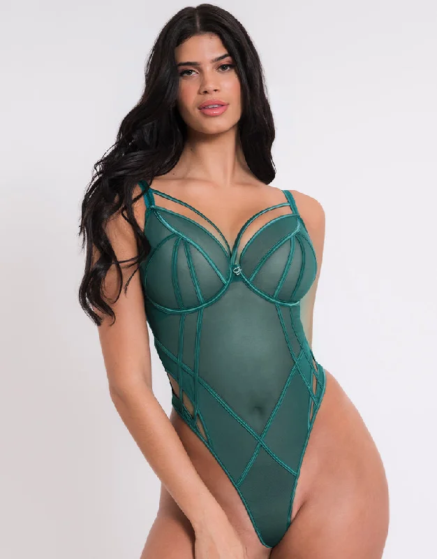 Scantilly Senses Plunge Bodysuit Verdigris Stylish Low-Cut Bodysuit