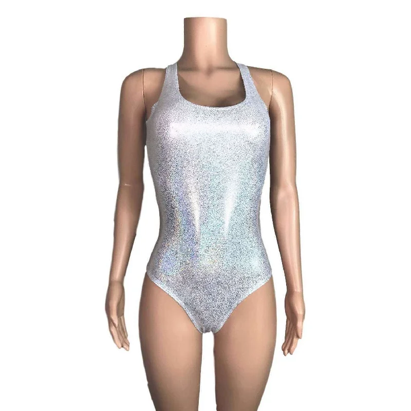 Bodysuit - Silver Holographic Trendy Bodysuit with Cutouts