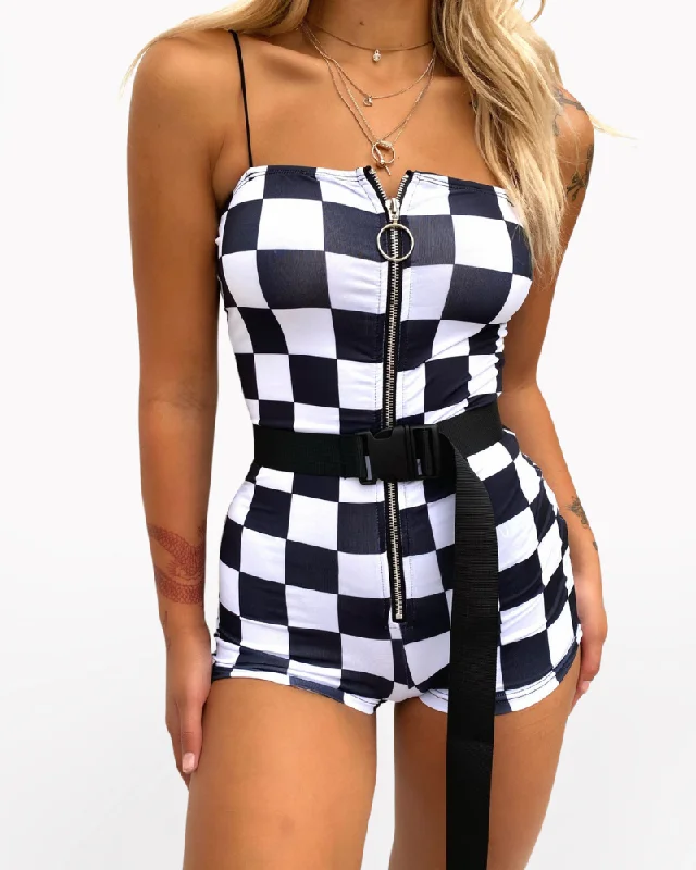 Techwear Buckle Belt Checkered Shorts Bodysuit Trendy Bodysuit with Frills