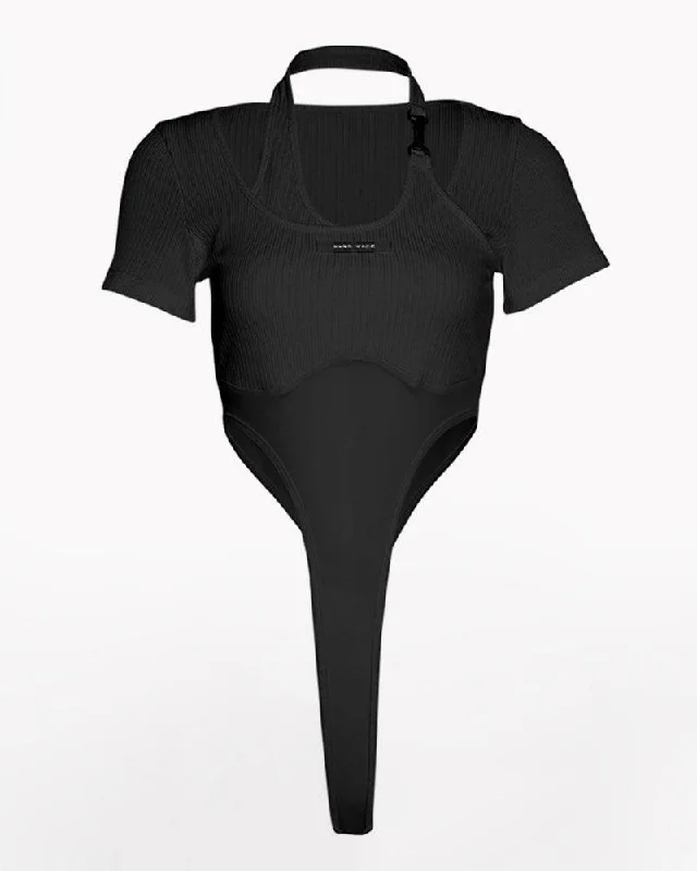 Techwear Short Sleeve Halter Bodysuit Fashionable Bodysuit with Frill Detail