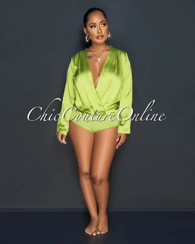 Terria Apple Green Long Sleeves Draped Silky Bodysuit Comfortable Adjustable Strap Bodysuit