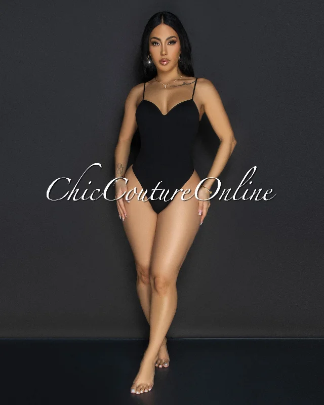 Toniya Black Ribbed Body-Con Bodysuit Comfortable Bodysuit with Underwire