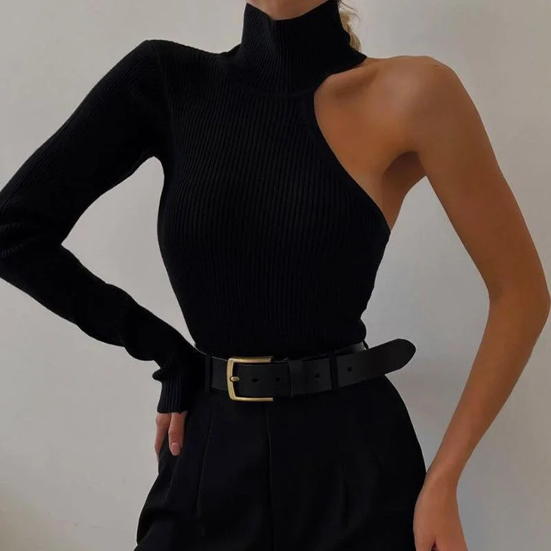 Vittorio Knitted Turtleneck One-Shoulder Bodysuit Fashionable V-Neck Bodysuit