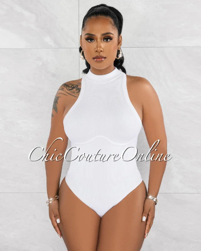 Xenit White Ribbed Trim Details Bodysuit Comfortable Ruffled Bodysuit