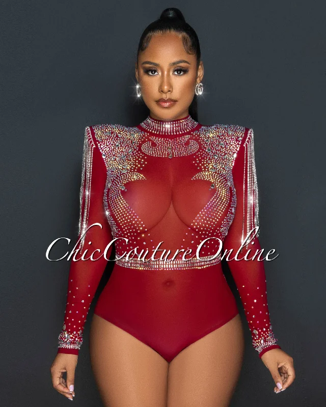 Yonce Burgundy Ultra Luxe Embellished Padded Shoulders Bodysuit Comfortable Spaghetti Strap Bodysuit