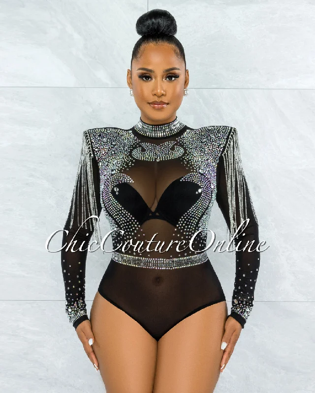 Yonce Ultra Luxe Embellished Padded Shoulders Bodysuit Stylish One-Shoulder Bodysuit