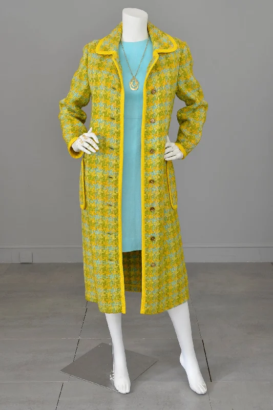 1970s Aqua, Gold, Olive Woven Puzzle Pieces Duster Coat Button-Up Cardigan Coat