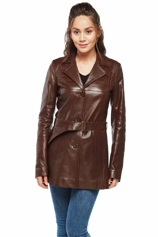 Athena Women Brown Leather Coat Cropped Tweed Jacket