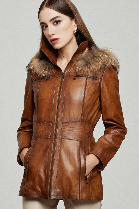 Barbara Waxed Brown Leather Coat for Women Pastel Wool Peacoat