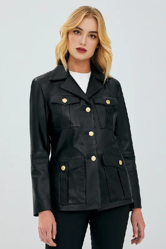 Bella Women Black Leather Coat Checkered Wool Shacket