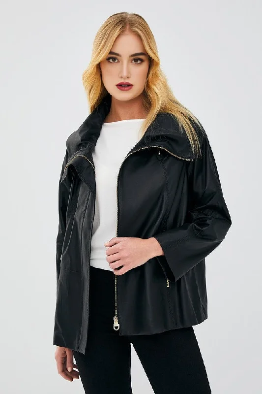 Brenda Free Style Sheepskin Black Leather Coat for Women's Soft Flannel Shacket