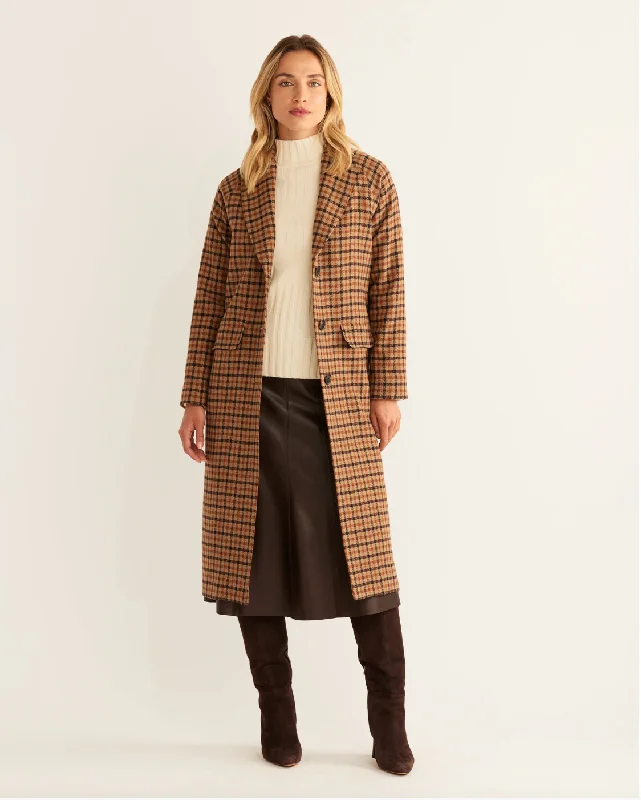 Brooklyn Wool Coat<br>Tan Mix Multi Check Drape Front Waterfall Coat