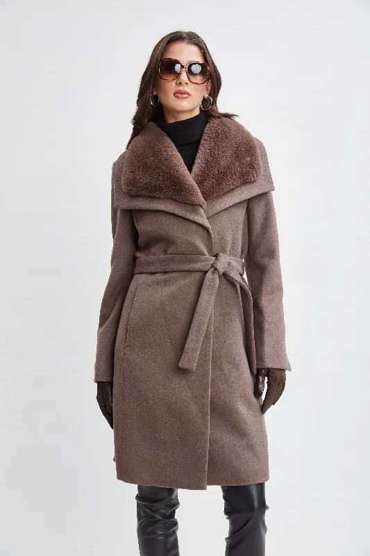 Faux Fur Collar Wool Wrap Coat Drape Front Waterfall Coat