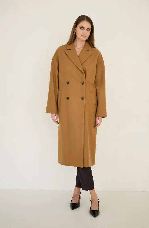 Wool Cashmere Coat Caramel Brown Fur-Trimmed Winter Coat