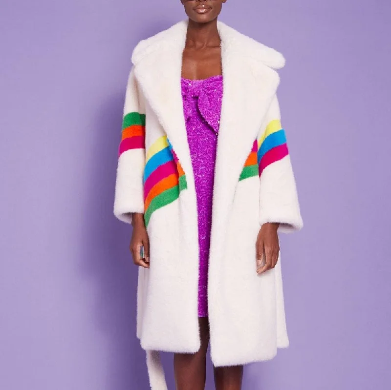 Faux Fur Rainbow Coat | White Pastel Wool Peacoat