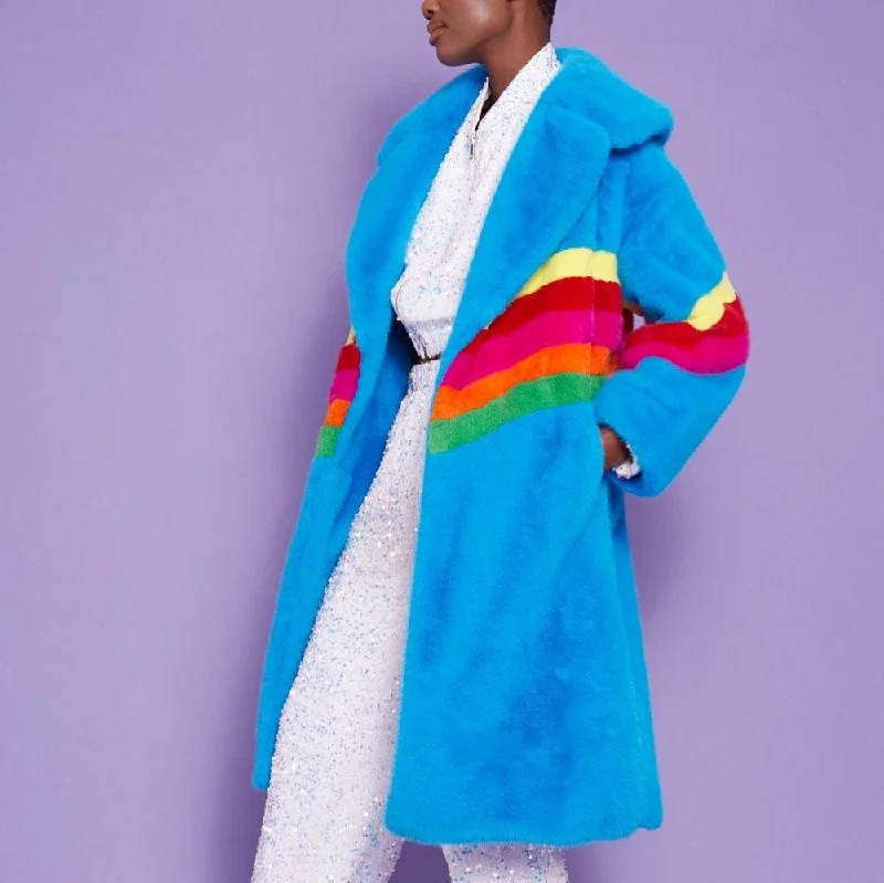 Faux Fur Rainbow Coat | Blue Classic Riding Jacket