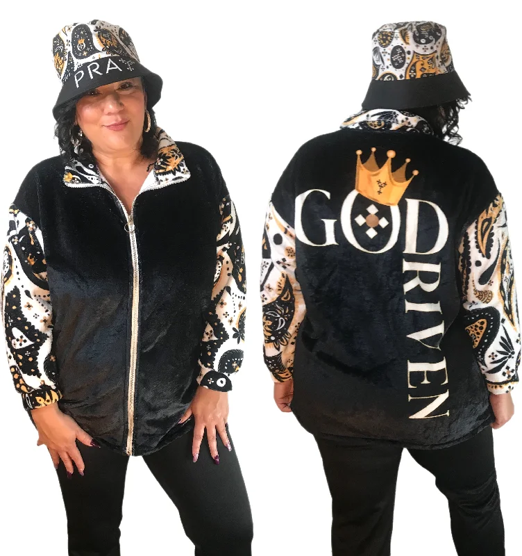 GOD DRIVEN Plus Size Borg Plush Fleece Paisley Sleeve Coat Elegant Cape Blazer